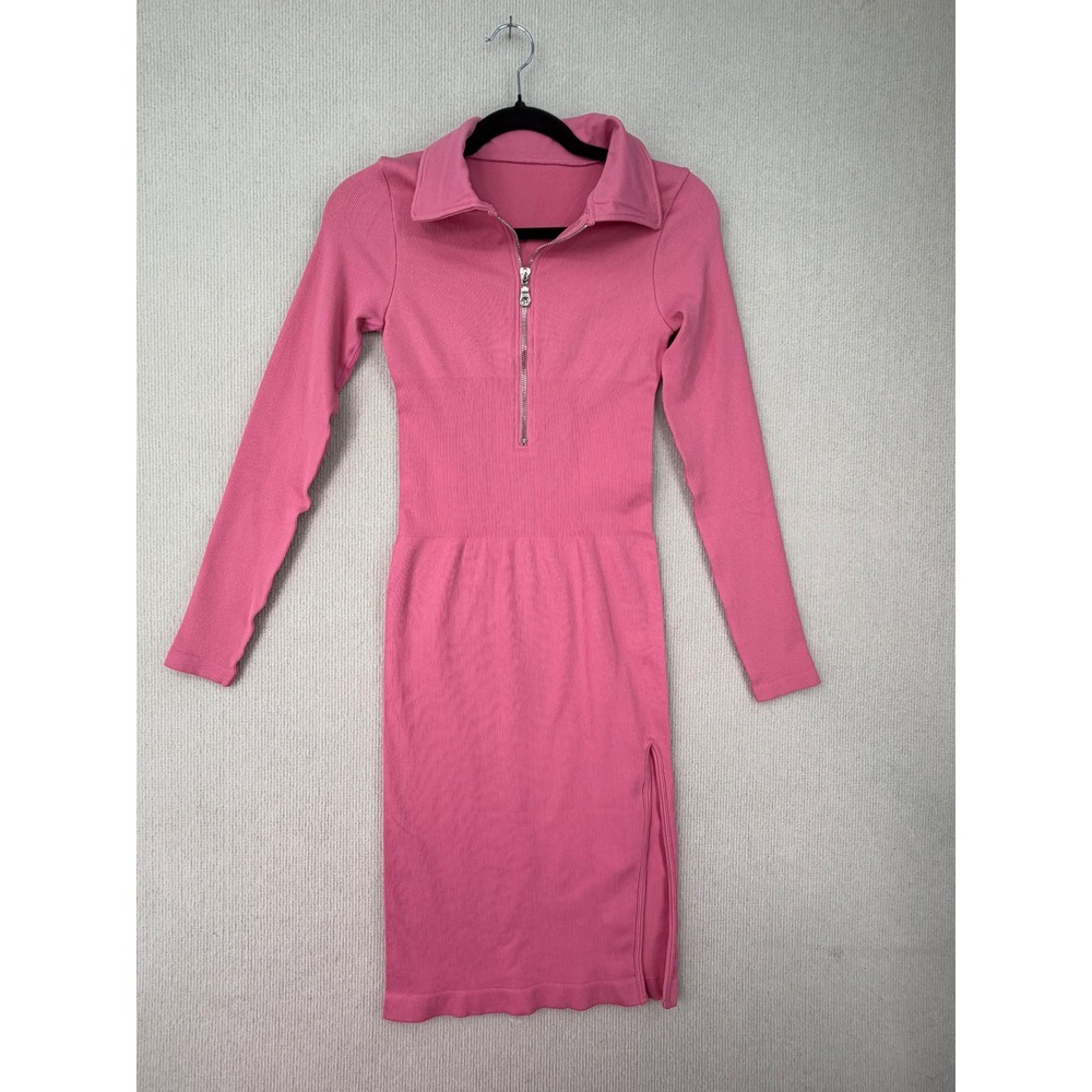 OQQ Women's Small Pink Ribbed Mini Dress Long Sleeve Quarter Zip Bodycon Y2K